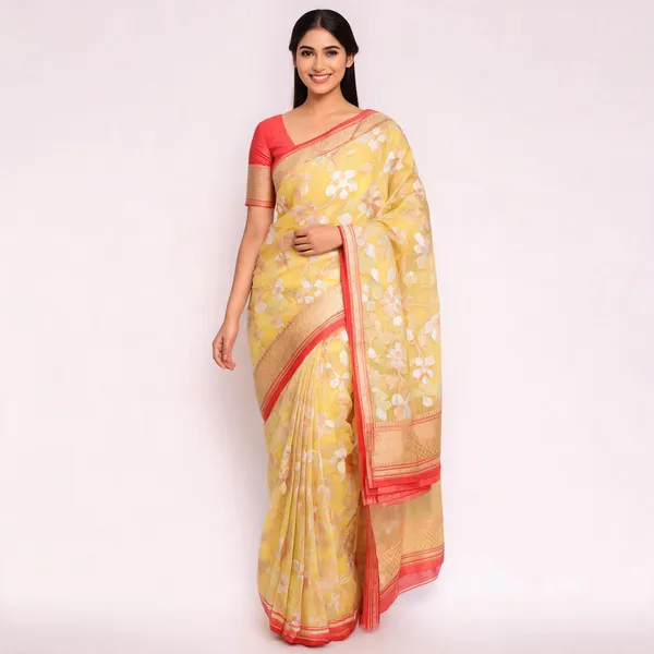 Yellow_Silk_Floral_Woven_Zari_Border_Saree_For_Women