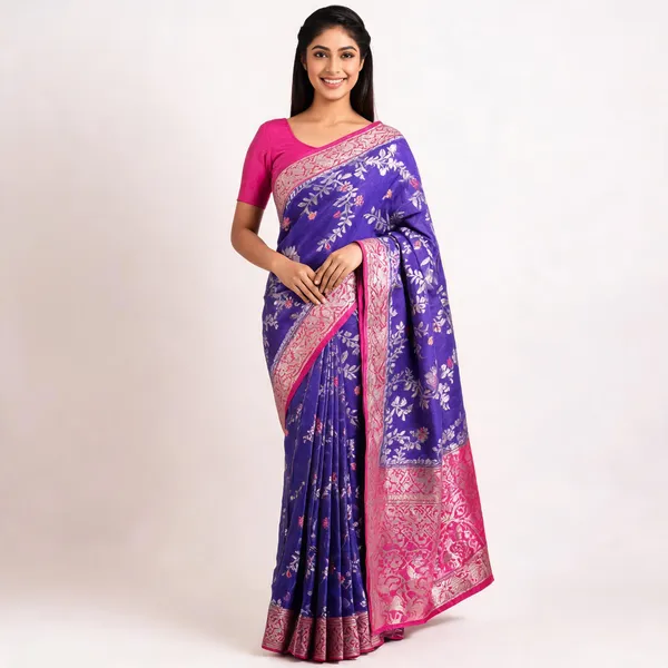 Purple_Silk_Floral_Zari_Woven_Pink_Border_Banarasi_Saree_For_Women