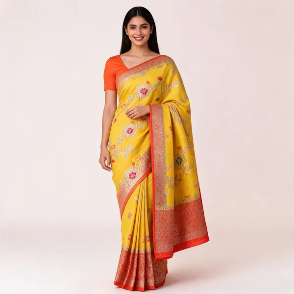 Yellow_Silk_Floral_Zari_Border_Banarasi_Saree_For_Women