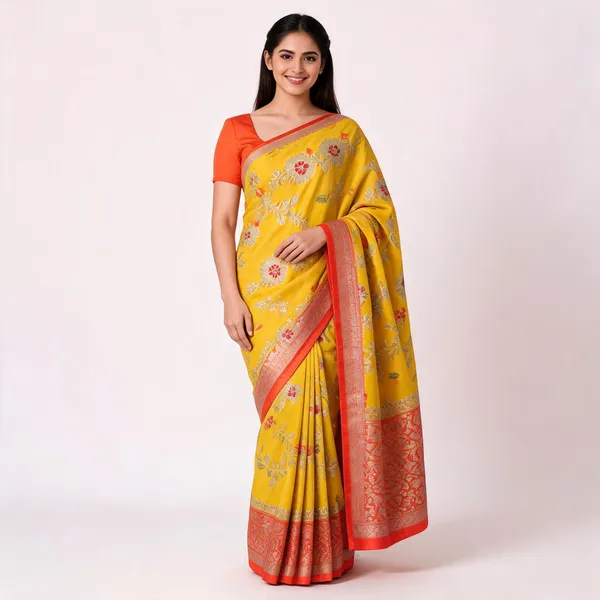 Yellow_Silk_Floral_Zari_Border_Banarasi_Saree_For_Women