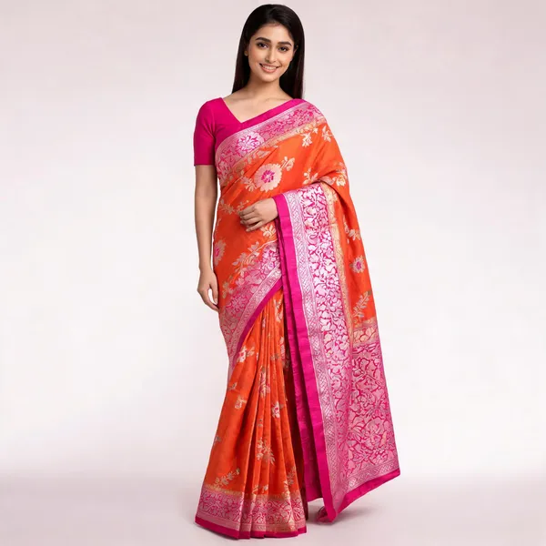 Orange_Silk_Zari_Floral_Woven_Banarasi_Saree_For_Women