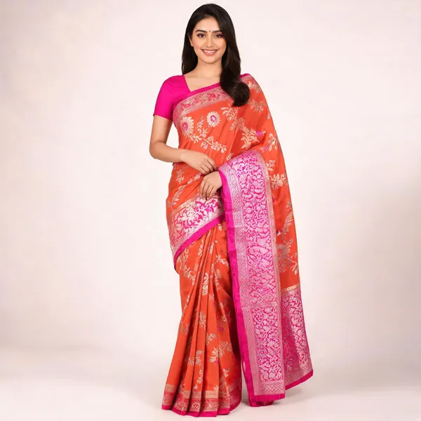 Orange_Silk_Zari_Floral_Woven_Banarasi_Saree_For_Women