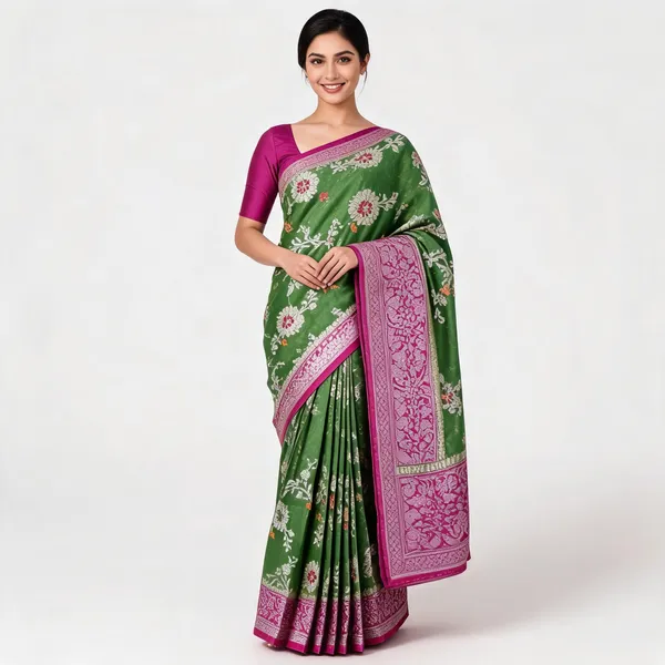 Green_Silk_Woven_Floral_Banarasi_Saree_For_Women