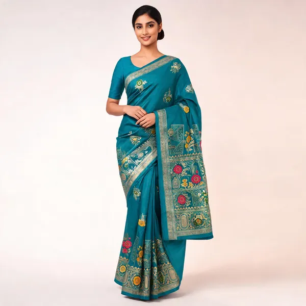 Teal_Silk_Zari_Woven_Floral_Banarasi_Saree_For_Women