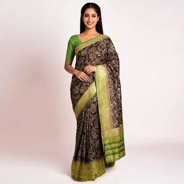 Brown_Silk_Green_Zari_Border_Floral_Print_Saree_For_Women