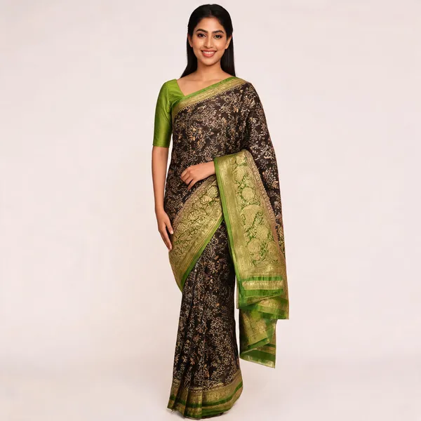 Brown_Silk_Green_Zari_Border_Floral_Print_Saree_For_Women