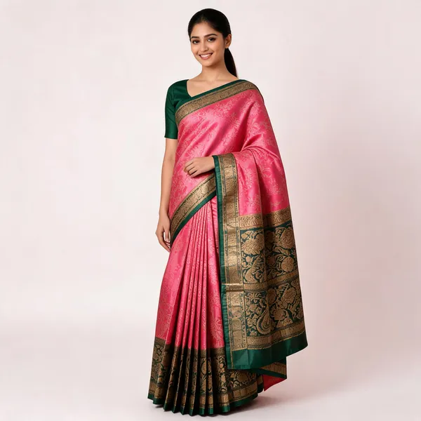 Pink_Silk_Floral_Zari_Border_Banarasi_Saree_For_Women
