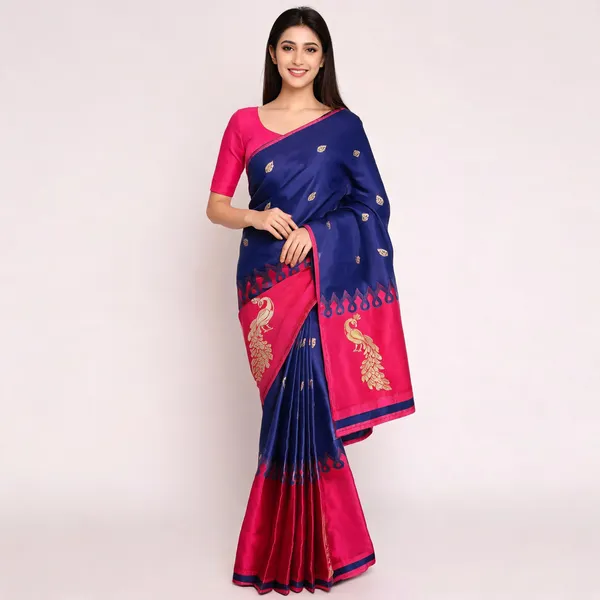 Navy_Blue_Silk_Pink_Peacock_Motif_Zari_Border_Saree_For_Women