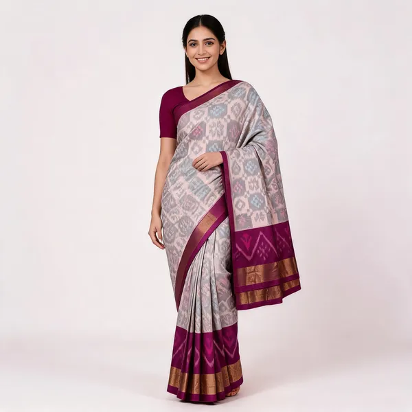 Grey_Ikat_Silk_Purple_Border_Saree_With_Blouse_Piece