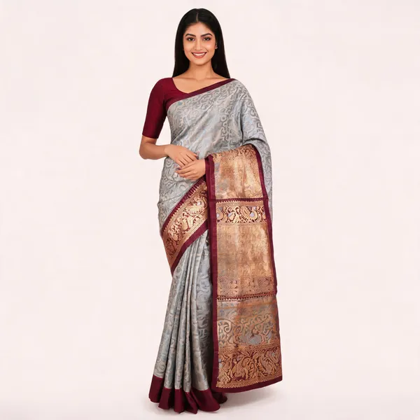 Grey_Tissue_Silk_Zari_Woven_Peacock_Border_Banarasi_Saree_For_Women