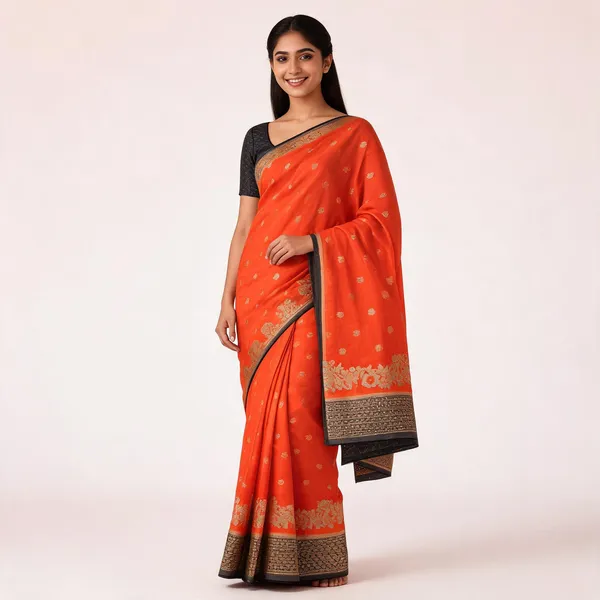 Orange_Pure_Crepe_Zari_Woven_Floral_Border_Banarasi_Saree
