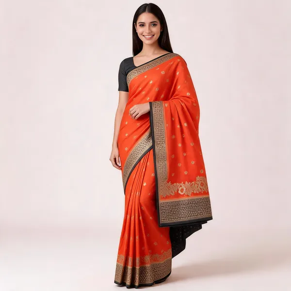 Orange_Pure_Crepe_Zari_Woven_Floral_Border_Banarasi_Saree
