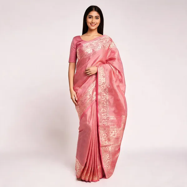 Pink_Mashroo_Tissue_Silk_Woven_Border_Saree_With_Unstitched_Blouse_Piece