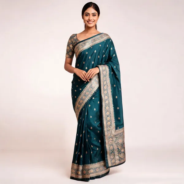 Teal_Silk_Woven_Motif_Banarasi_Saree_For_Women