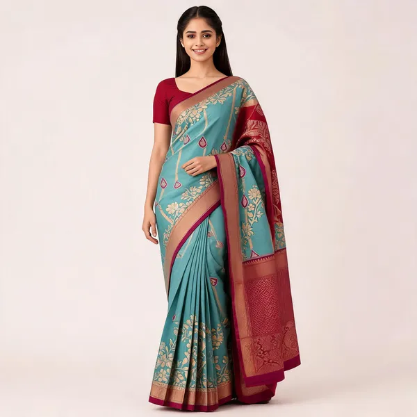 Teal_Silk_Zari_Woven_Maroon_Border_Kanjivaram_Saree_For_Women