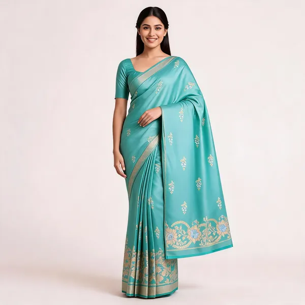 Turquoise_Silk_Zari_Floral_Woven_Border_Saree_Fabric