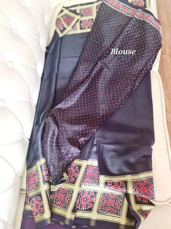 Navy_Blue_Satin_Ajrakh_Printed_Border_Saree_With_Polka_Dot_Blouse
