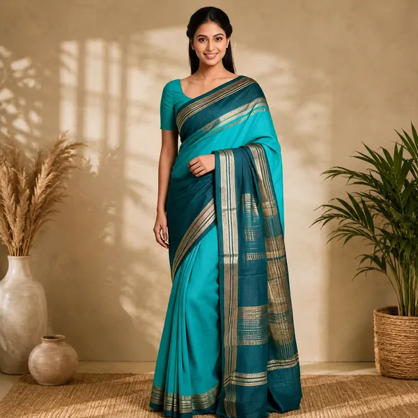 Teal_Semi_Crepe_Silk_Zari_Border_Ethnic_Saree_For_Women