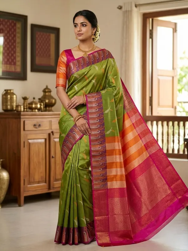 Green_Silk_Woven_Bird_Motif_Zari_Border_Saree_For_Women