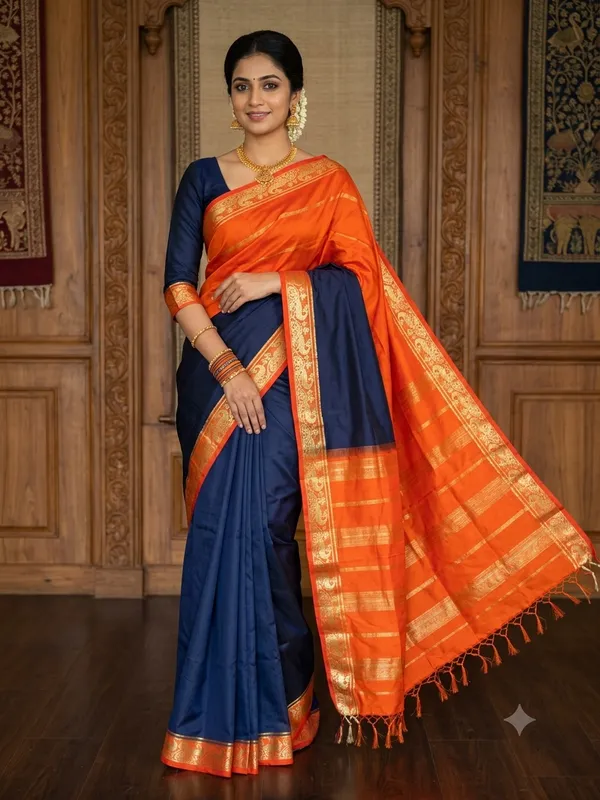 Navy_Blue_Orange_Silk_Zari_Border_Kanjeevaram_Saree_For_Women