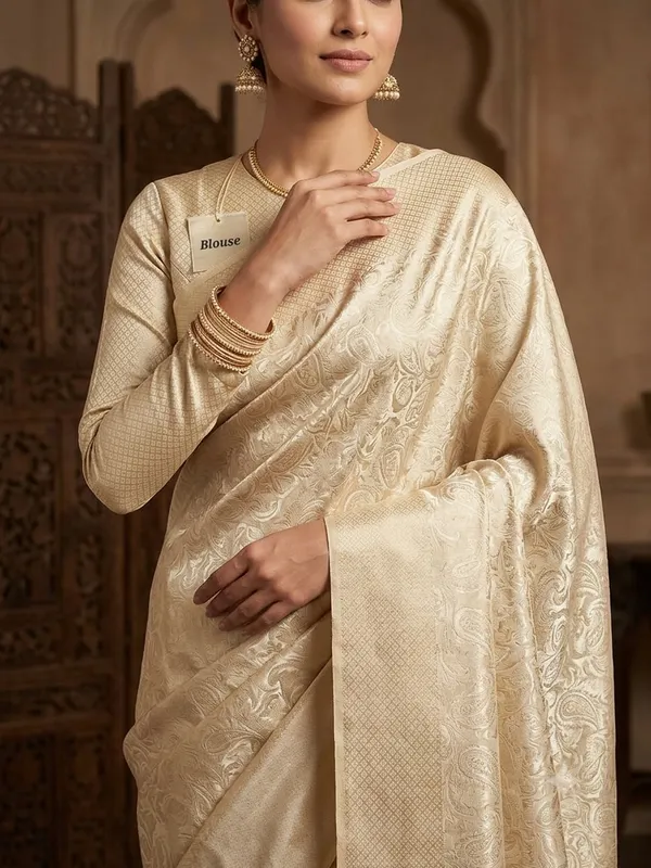 Premium_Soft_Tissue_Golden_Cream_Zari_Woven_Saree_With_Blouse