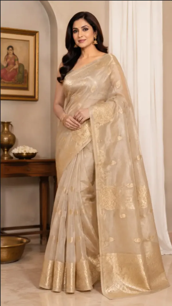 Cream_Pure_Silk_Handwoven_Kora_Tissue_Saree_For_Women