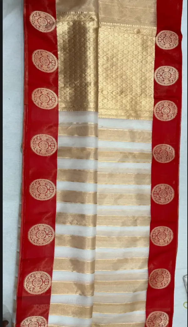 White_And_Red_Pure_Silk_Handwoven_Kora_Tissue_Katan_Border_Saree_For_Women
