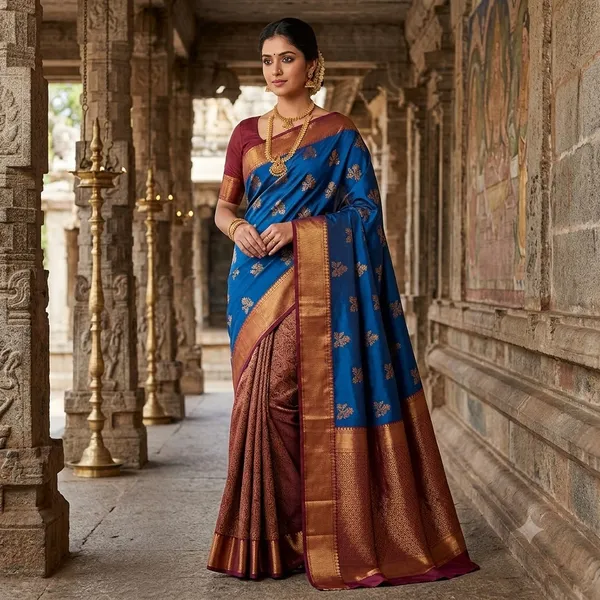 Blue_Maroon_Semi_Silk_Buti_Saree_For_Women