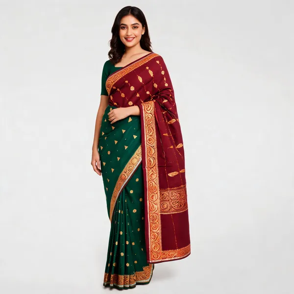 Green_Maroon_Semi_Silk_Tulip_Motif_Saree_For_Women
