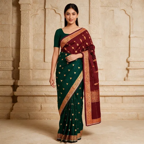 Green_Maroon_Semi_Silk_Tulip_Motif_Saree_For_Women