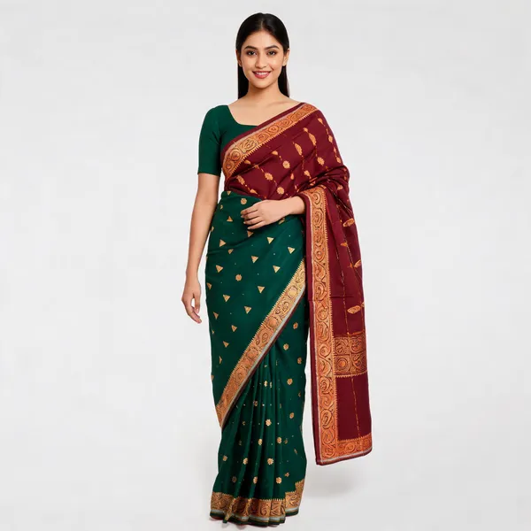 Green_Maroon_Semi_Silk_Tulip_Motif_Saree_For_Women