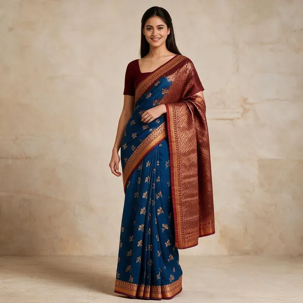 Blue_Maroon_Semi_Silk_Buti_Saree_For_Women