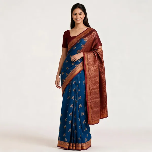 Blue_Maroon_Semi_Silk_Buti_Saree_For_Women