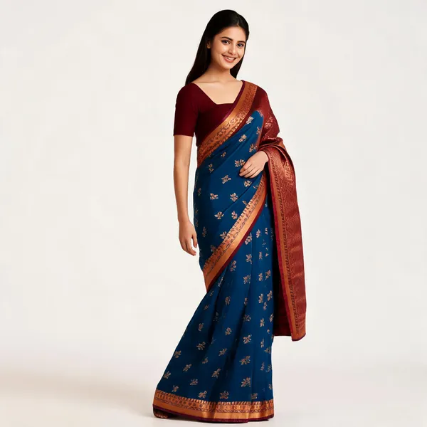 Blue_Maroon_Semi_Silk_Buti_Saree_For_Women