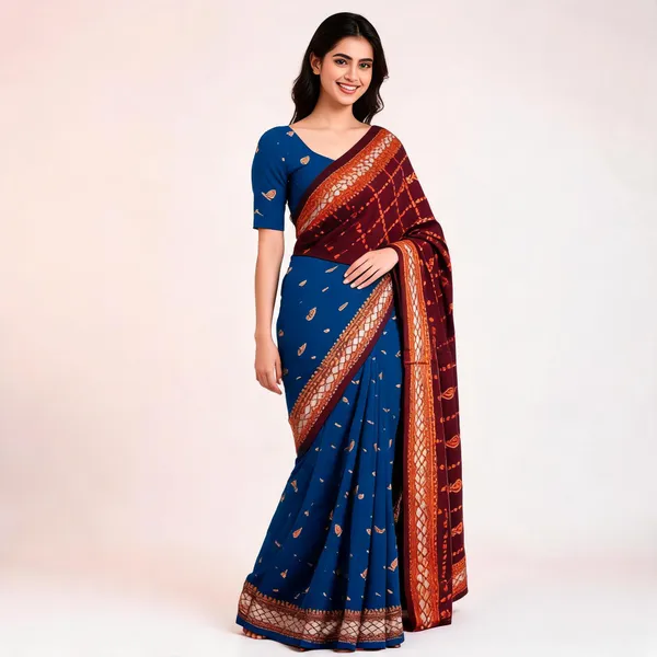 Blue_Maroon_Semi_Silk_Royale_Buti_Saree_For_Women