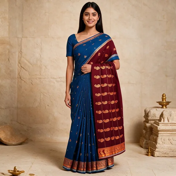 Blue_Maroon_Semi_Silk_Gold_Buti_Saree_For_Women