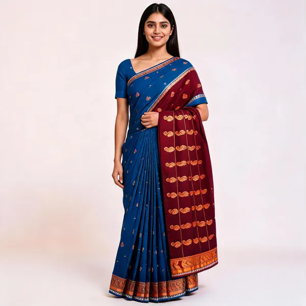 Blue_Maroon_Semi_Silk_Gold_Buti_Saree_For_Women