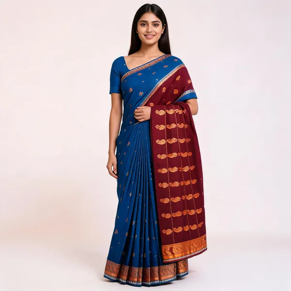 Blue_Maroon_Semi_Silk_Gold_Buti_Saree_For_Women