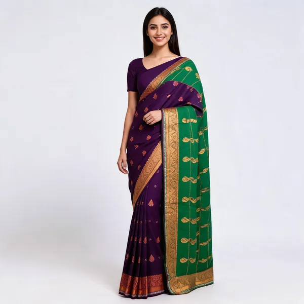 Purple_Green_Semi_Silk_Gold_Buti_Saree_For_Women
