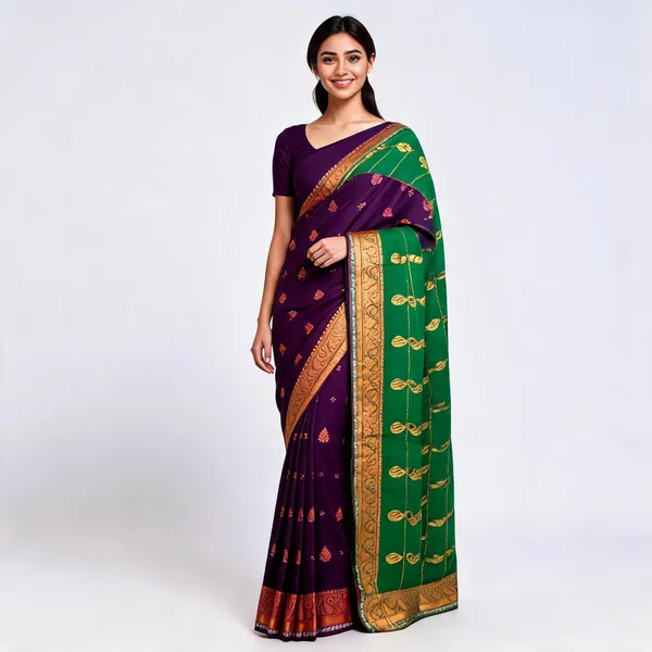 Purple_Green_Semi_Silk_Gold_Buti_Saree_For_Women