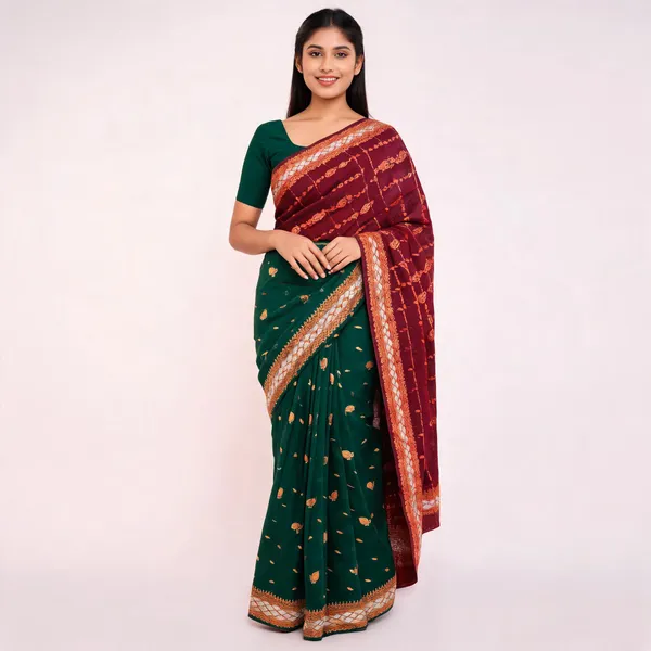 Green_Maroon_Semi_Silk_Gold_Buta_Saree_For_Women