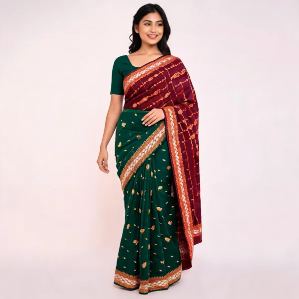 Green_Maroon_Semi_Silk_Gold_Buta_Saree_For_Women