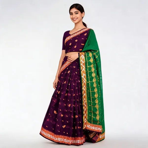 Purple_Green_Semi_Silk_Zari_Border_Saree_For_Women