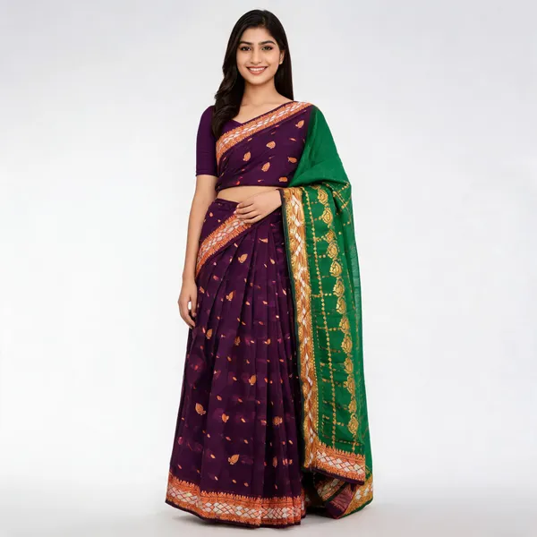 Purple_Green_Semi_Silk_Zari_Border_Saree_For_Women