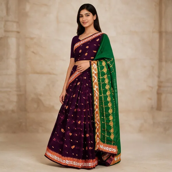 Purple_Green_Semi_Silk_Zari_Border_Saree_For_Women