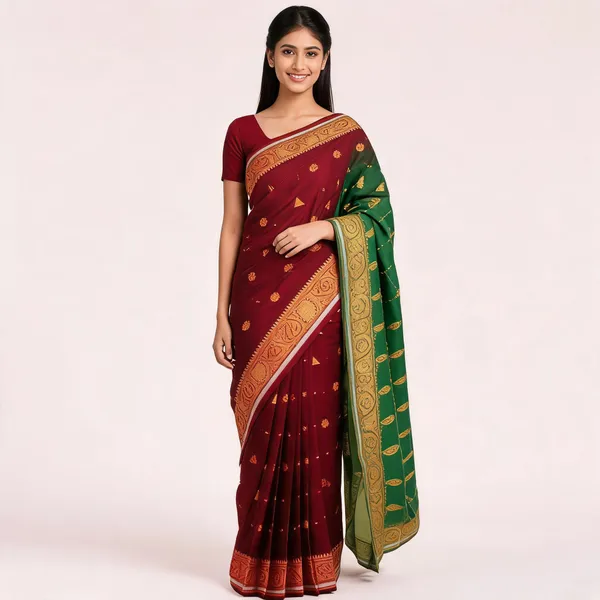 Green_Maroon_Semi_Silk_Gold_Border_Buti_Saree_For_Women