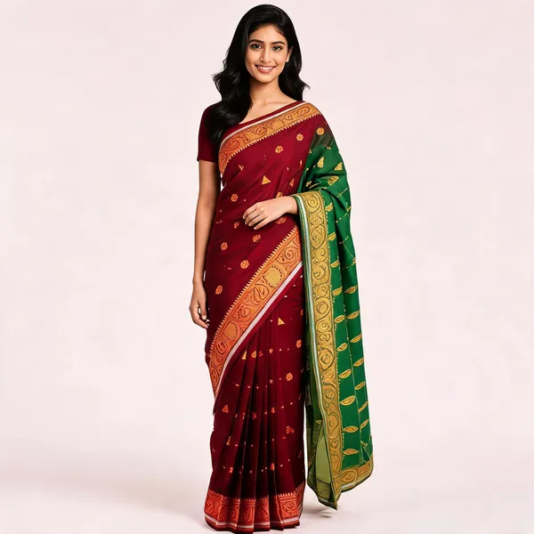 Green_Maroon_Semi_Silk_Gold_Border_Buti_Saree_For_Women