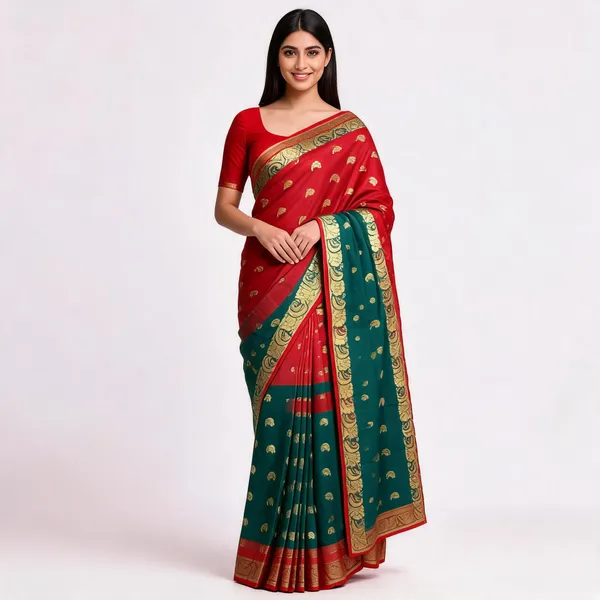 Red_Green_Semi_Silk_Gold_Zari_Kanjivaram_Saree_For_Women