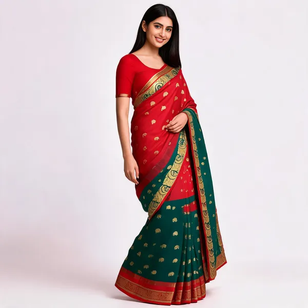 Red_Green_Semi_Silk_Gold_Zari_Kanjivaram_Saree_For_Women