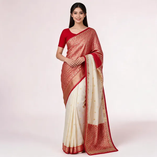 White_Red_Semi_Silk_Kanjivaram_Saree_For_Women